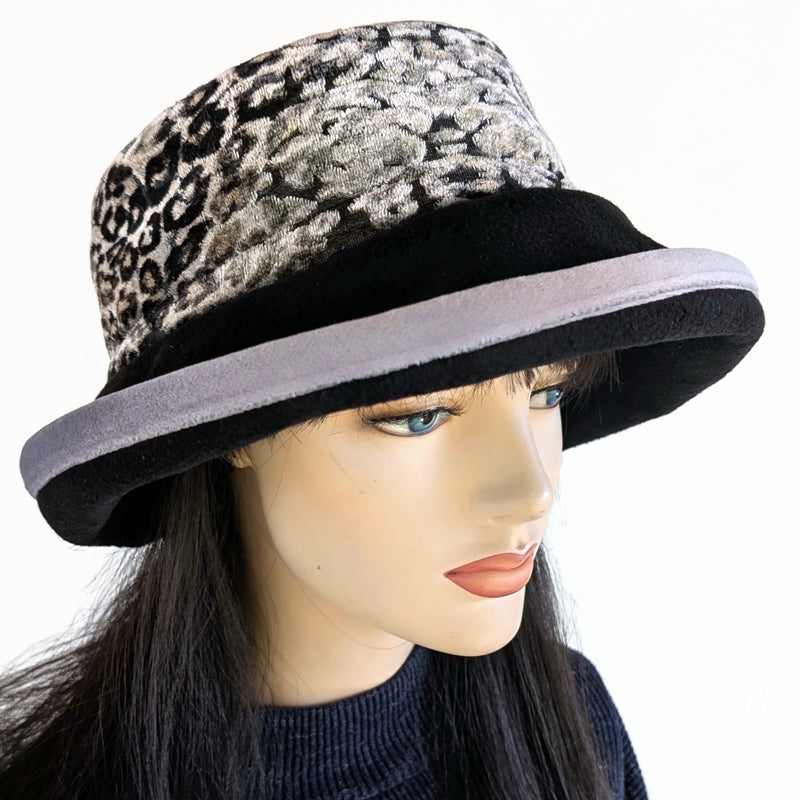 Premium Winter Fashion Hat with earflaps, in black with gorgeous silver and black animal print velvet band, silver velvet trim and wide brim