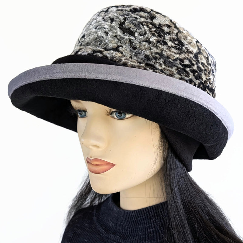 Premium Winter Fashion Hat with earflaps, in black with gorgeous silver and black animal print velvet band, silver velvet trim and wide brim