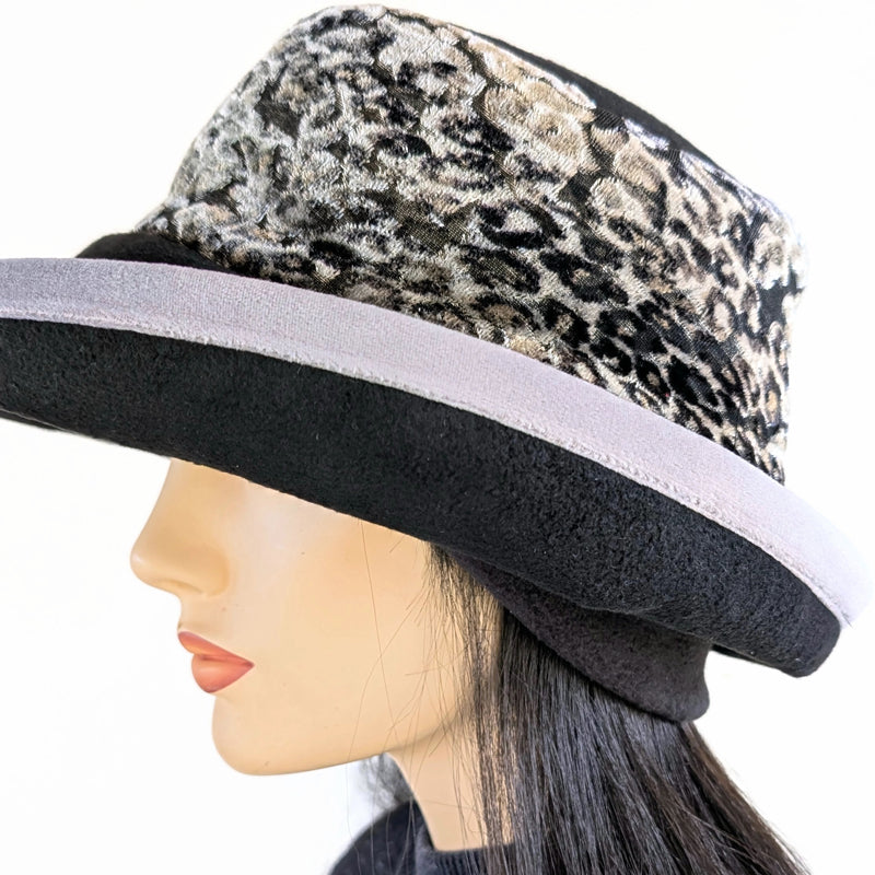 Premium Winter Fashion Hat with earflaps, in black with gorgeous silver and black animal print velvet band, silver velvet trim and wide brim