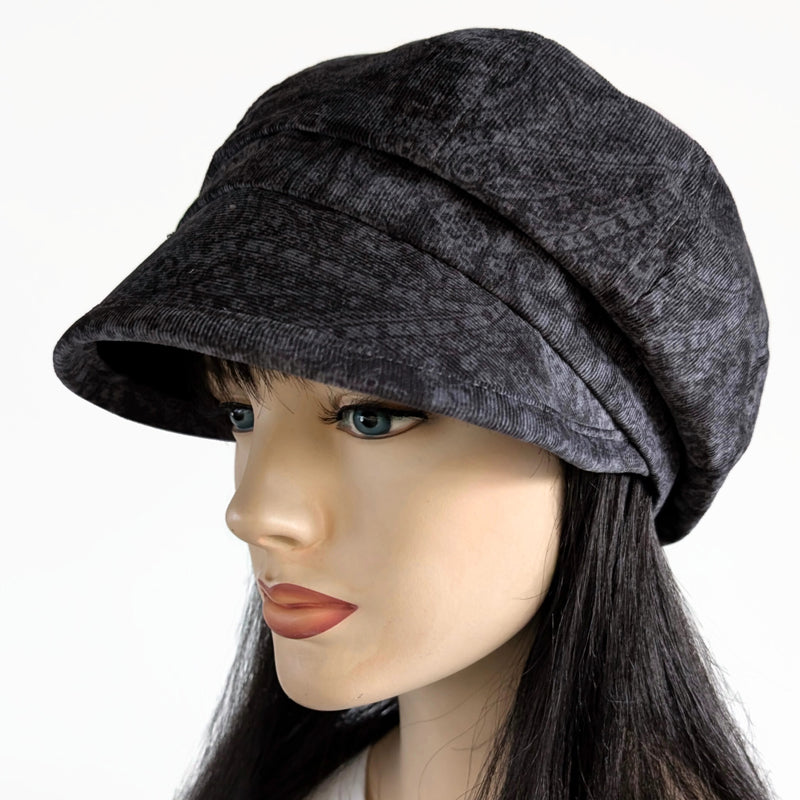 Baggy Poorboy Newsboy Fashion Cap in  cord, grey based paisley, with wide flattering visor, one size fit