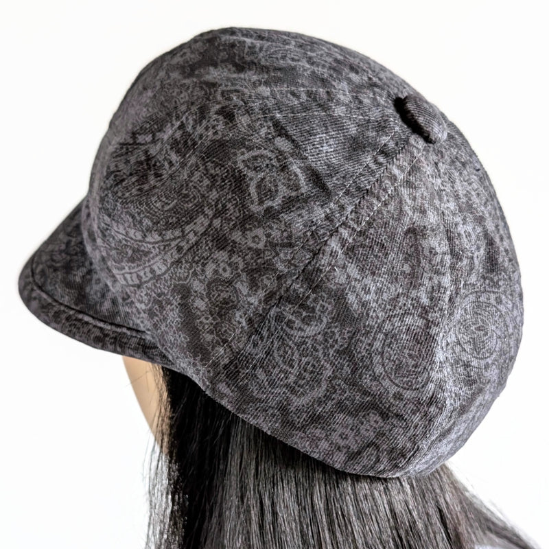 Baggy Poorboy Newsboy Fashion Cap in  cord, grey based paisley, with wide flattering visor, one size fit