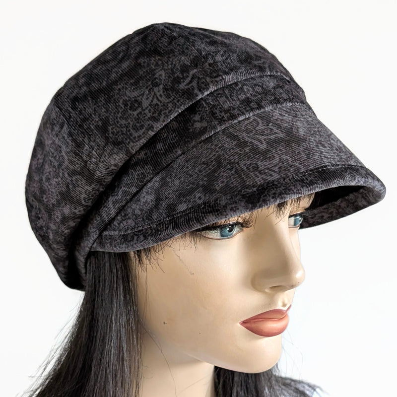 Baggy Poorboy Newsboy Fashion Cap in  cord, grey based paisley, with wide flattering visor, one size fit