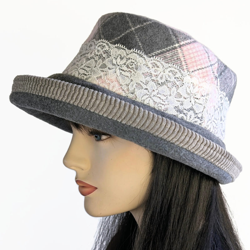 Winter Fashion hat with large bucket brim, charcoal and pink plaid with lace trim