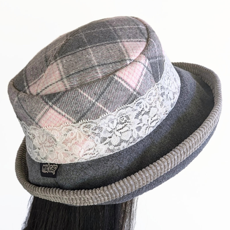 Winter Fashion hat with large bucket brim, charcoal and pink plaid with lace trim