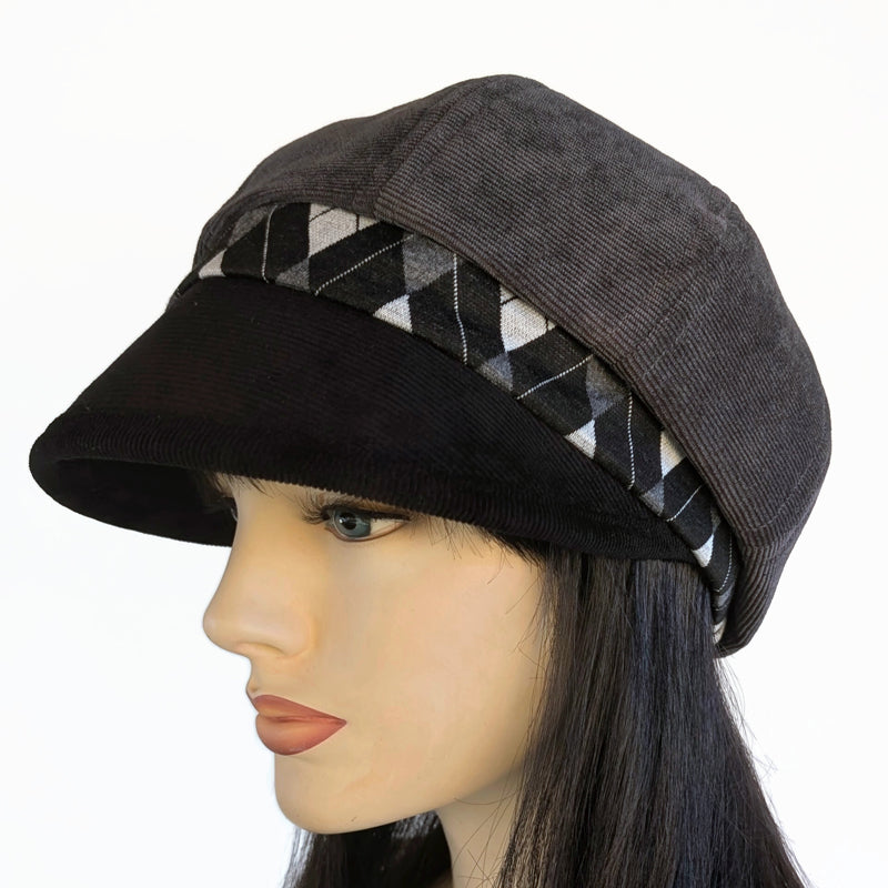 Baggy Poorboy Newsboy Fashion Cap in  cord, grey and black, with wide flattering visor, one size fit