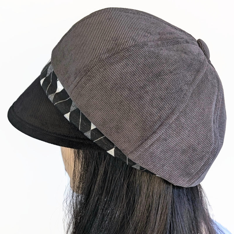 Baggy Poorboy Newsboy Fashion Cap in  cord, grey and black, with wide flattering visor, one size fit