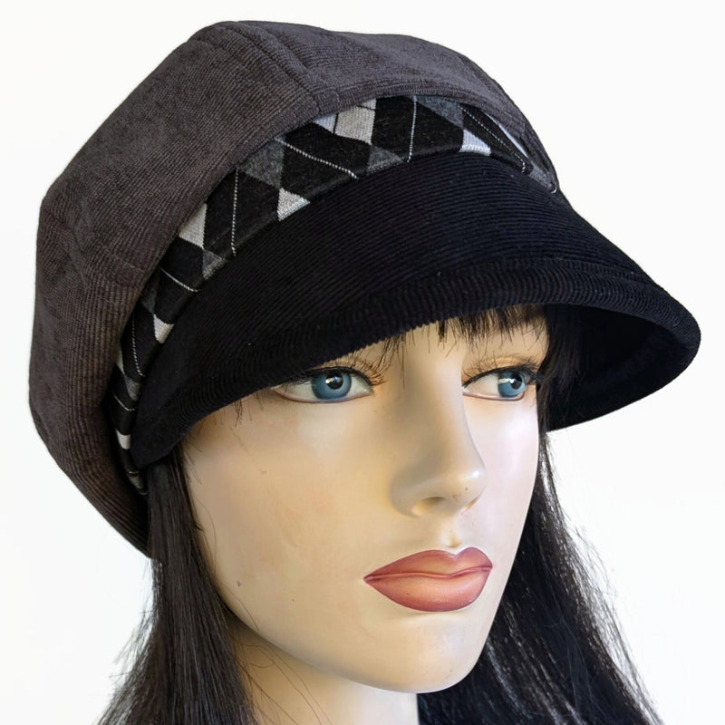 Baggy Poorboy Newsboy Fashion Cap in  cord, grey and black, with wide flattering visor, one size fit