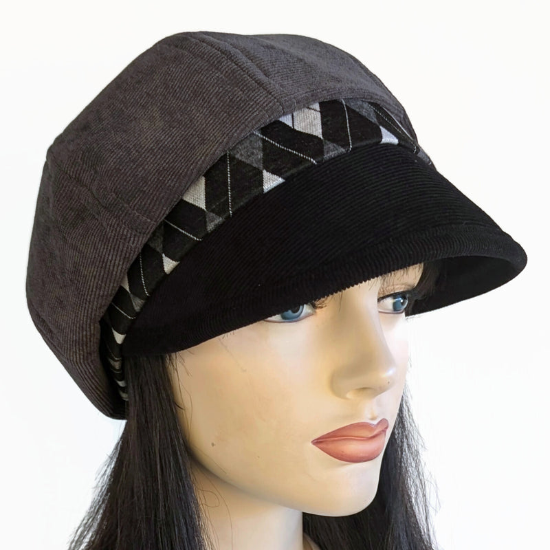 Baggy Poorboy Newsboy Fashion Cap in  cord, grey and black, with wide flattering visor, one size fit
