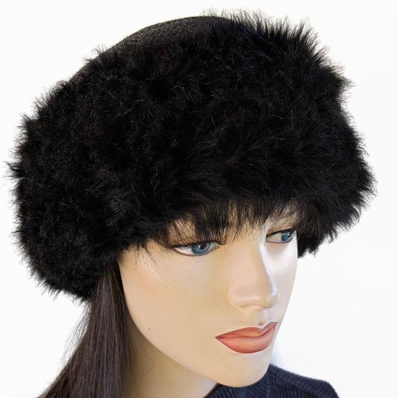 Faux Fur and Fleece Fashion Pillbox Beanie Toque Hat, black and charcoal herringbone, with earflaps