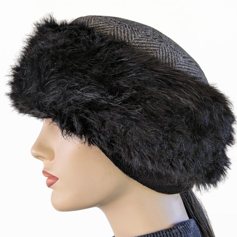 Faux Fur and Fleece Fashion Pillbox Beanie Toque Hat, black and charcoal herringbone, with earflaps