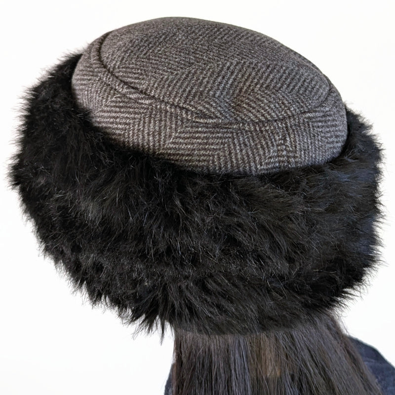 Faux Fur and Fleece Fashion Pillbox Beanie Toque Hat, black and charcoal herringbone, with earflaps