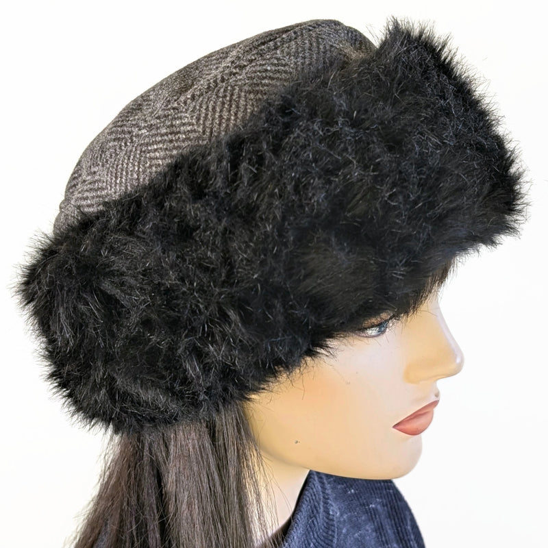 Faux Fur and Fleece Fashion Pillbox Beanie Toque Hat, black and charcoal herringbone, with earflaps
