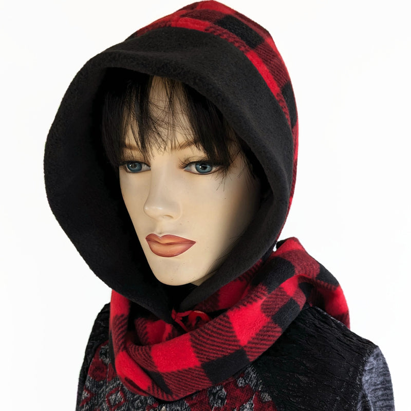 Fleece Hoodie Scarf, with button closure and wrap around ends, red and black buffalo check