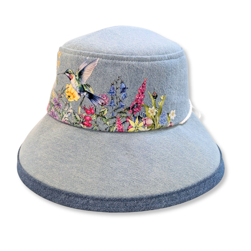 Sunblocker UV summer hat sun hat with wide brim, bleached denim hummingbird print, adjustable fit