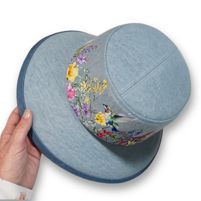 Sunblocker UV summer hat sun hat with wide brim, bleached denim hummingbird print, adjustable fit