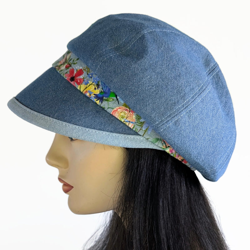 Poorboy Fashion Cap in washed blue denim, floral with hummingbird accents, flattering visor, baggy fit