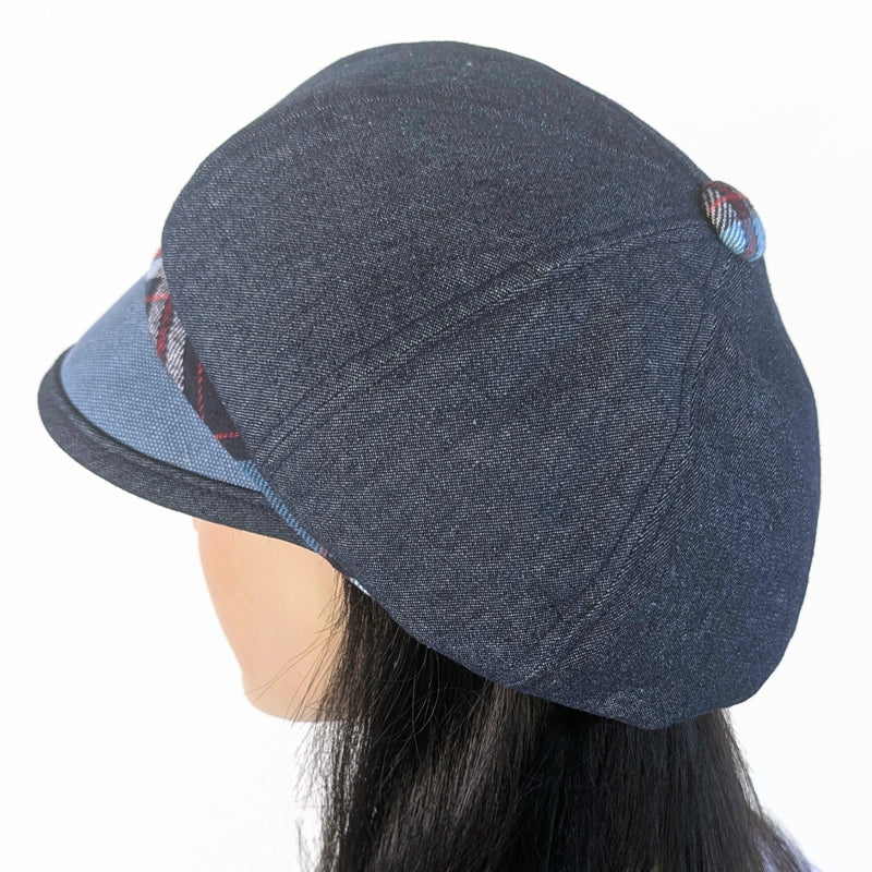 Poorboy Fashion Cap in washed indigo denim, blue plaid, flattering weather resistant visor, baggy fit