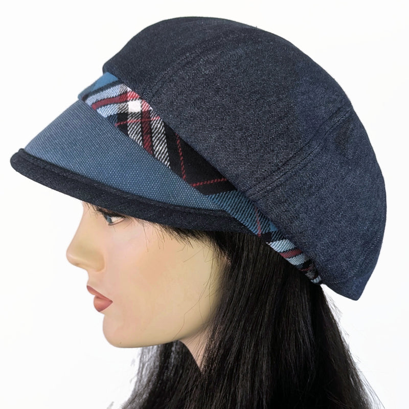 Poorboy Fashion Cap in washed indigo denim, blue plaid, flattering weather resistant visor, baggy fit