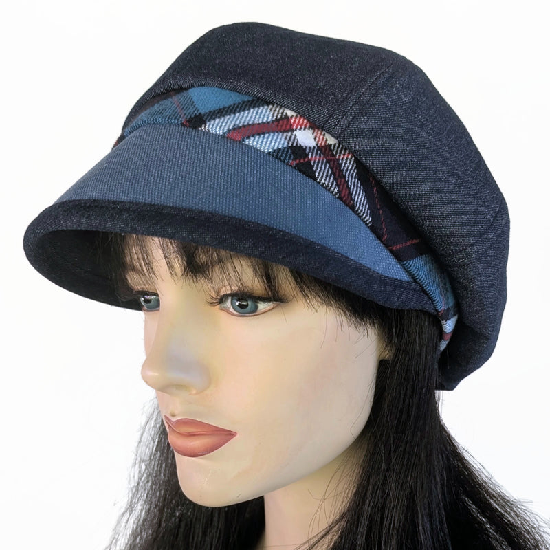 Poorboy Fashion Cap in washed indigo denim, blue plaid, flattering weather resistant visor, baggy fit