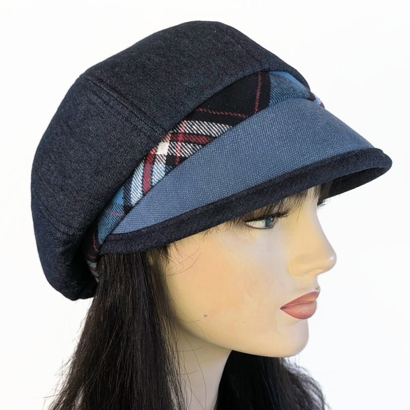 Poorboy Fashion Cap in washed indigo denim, blue plaid, flattering weather resistant visor, baggy fit