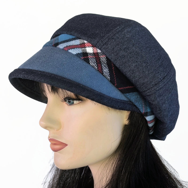 Poorboy Fashion Cap in washed indigo denim, blue plaid, flattering weather resistant visor, baggy fit