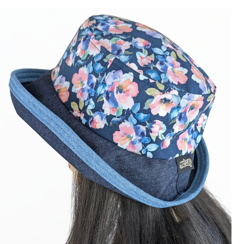 The Perfect Sun Hat Fun Hat, indigo denim with lovely floral, with flattering brim mid size brim
