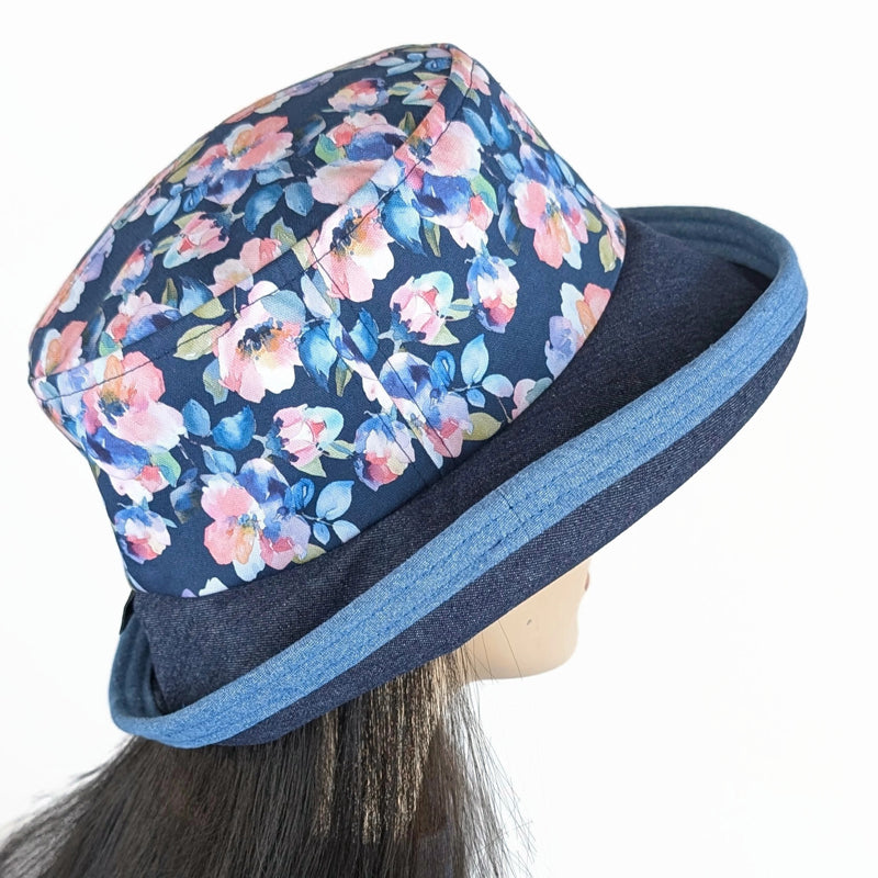 The Perfect Sun Hat Fun Hat, indigo denim with lovely floral, with flattering brim mid size brim