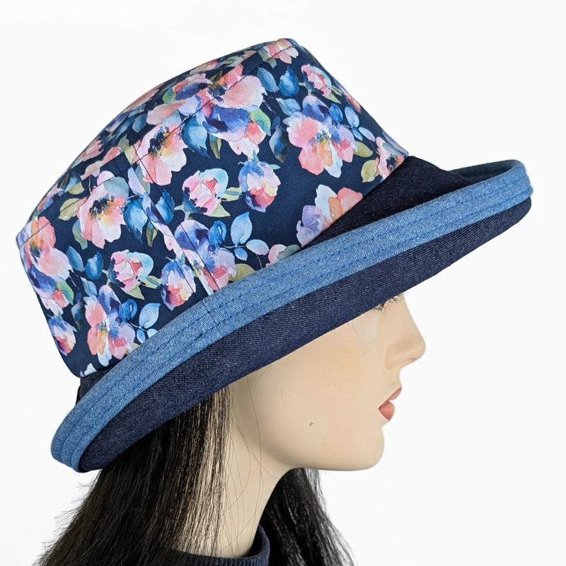 The Perfect Sun Hat Fun Hat, indigo denim with lovely floral, with flattering brim mid size brim