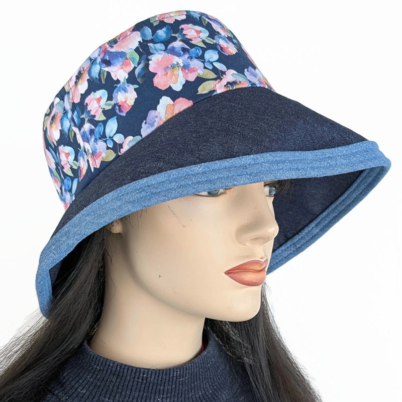 The Perfect Sun Hat Fun Hat, indigo denim with lovely floral, with flattering brim mid size brim