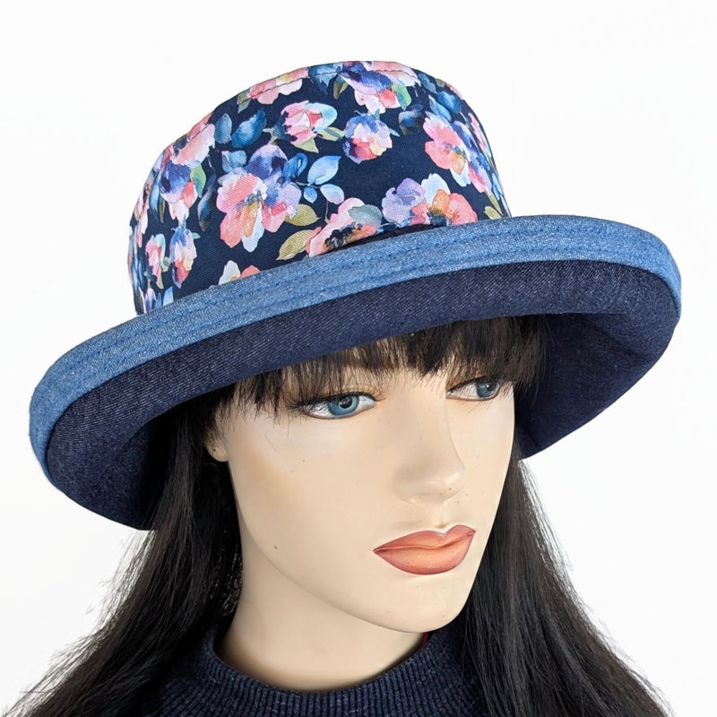 The Perfect Sun Hat Fun Hat, indigo denim with lovely floral, with flattering brim mid size brim