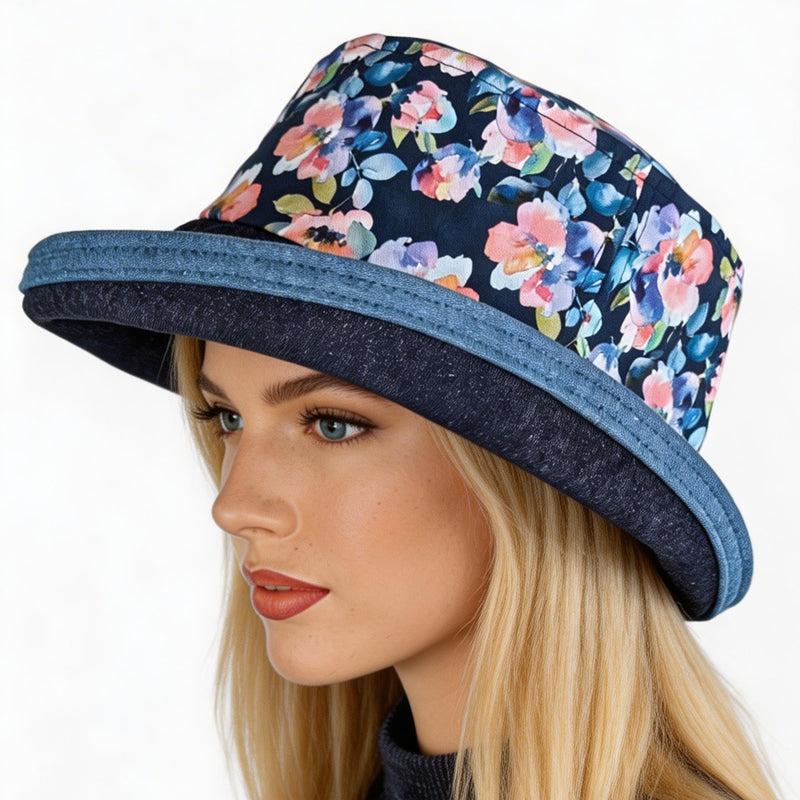 The Perfect Sun Hat Fun Hat, indigo denim with lovely floral, with flattering brim mid size brim
