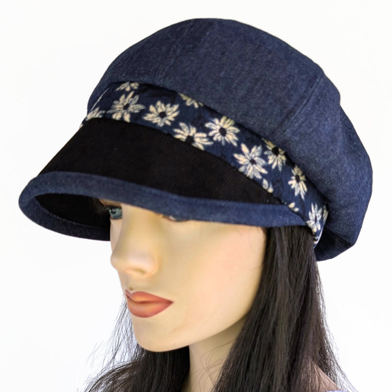 Baggy Poorboy Fashion Cap in mix of denim and cord, indigo daisy theme, with wide flattering visor, one size fit
