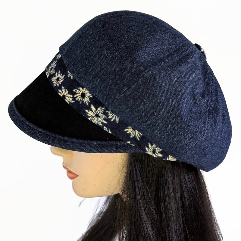 Baggy Poorboy Fashion Cap in mix of denim and cord, indigo daisy theme, with wide flattering visor, one size fit