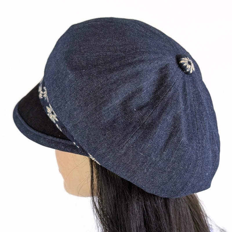Baggy Poorboy Fashion Cap in mix of denim and cord, indigo daisy theme, with wide flattering visor, one size fit