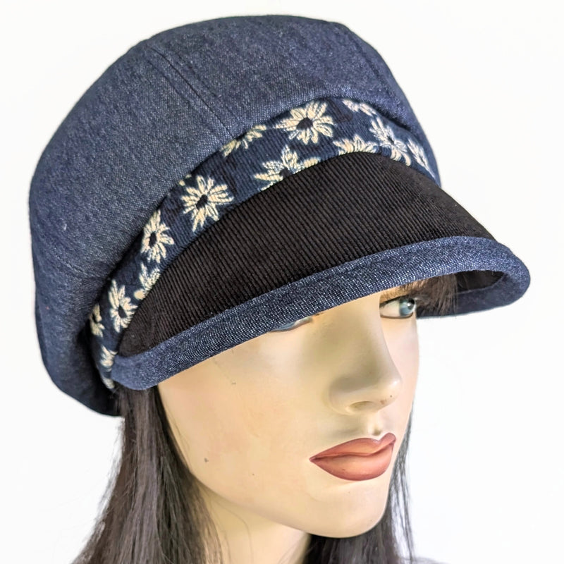Baggy Poorboy Fashion Cap in mix of denim and cord, indigo daisy theme, with wide flattering visor, one size fit