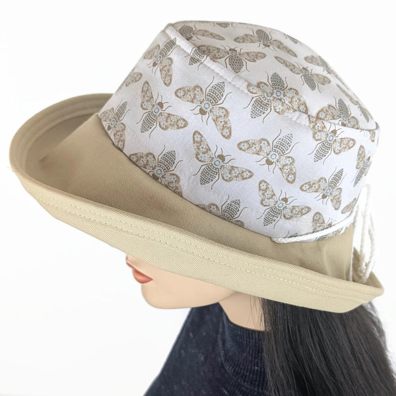 Sunblocker UV summer hat sun hat with wide brim, khaki and tan bugs with silver accents, adjustable fit