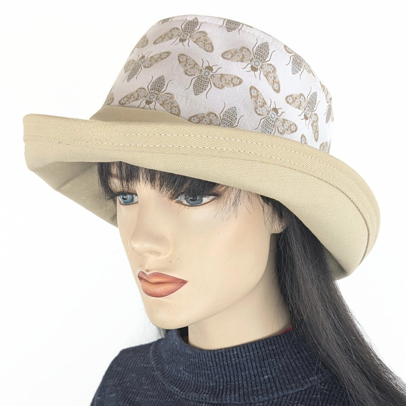 Sunblocker UV summer hat sun hat with wide brim, khaki and tan bugs with silver accents, adjustable fit