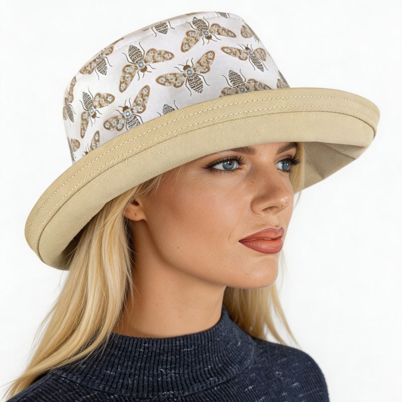 Sunblocker UV summer hat sun hat with wide brim, khaki and tan bugs with silver accents, adjustable fit