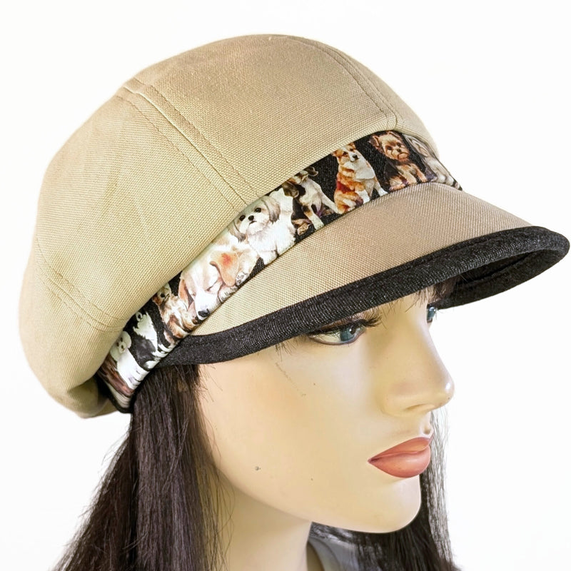 Poorboy Fashion Cap in khaki canvas, lots of doggies, flattering visor, baggy fit