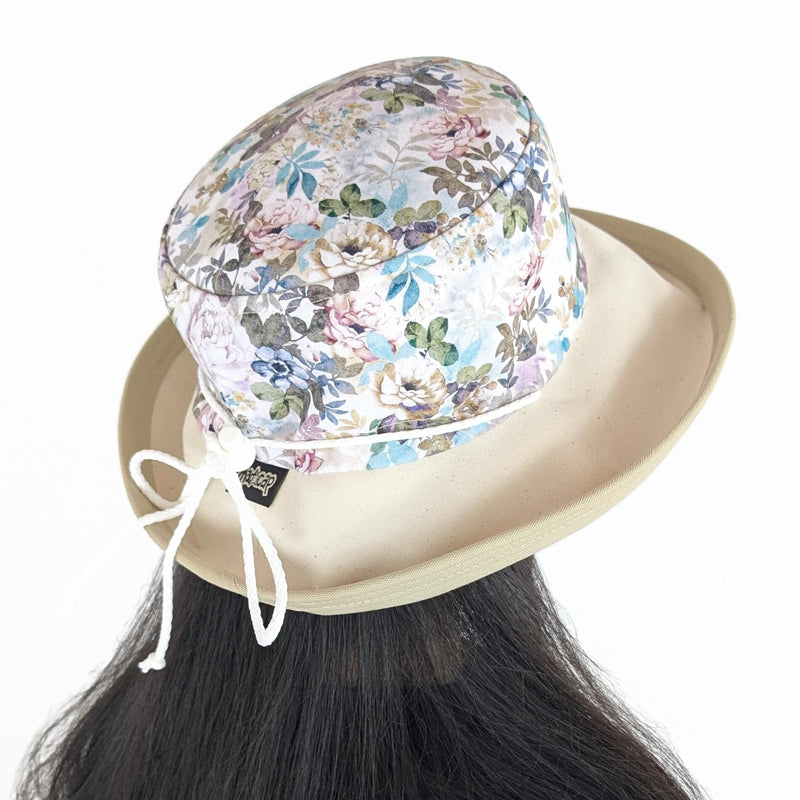 Sunblocker UV summer hat sun hat with wide brim, khaki and earth tone floral, adjustable fit