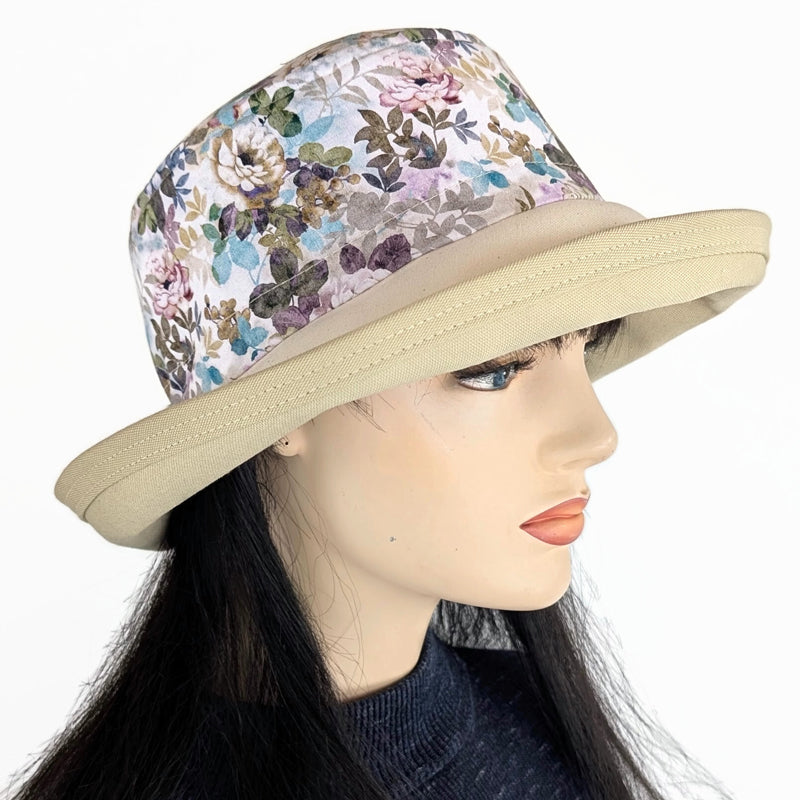 Sunblocker UV summer hat sun hat with wide brim, khaki and earth tone floral, adjustable fit