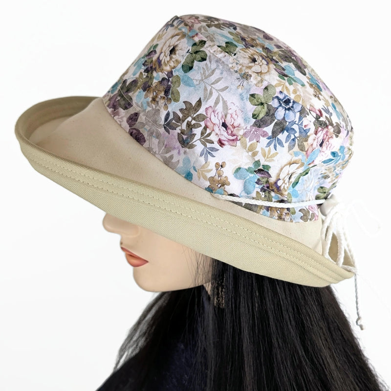 Sunblocker UV summer hat sun hat with wide brim, khaki and earth tone floral, adjustable fit