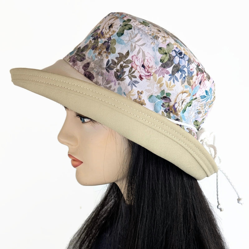 Sunblocker UV summer hat sun hat with wide brim, khaki and earth tone floral, adjustable fit