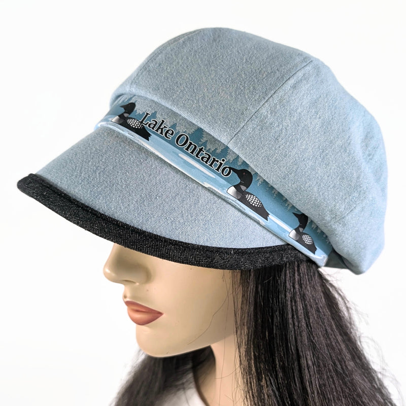 Poorboy Fashion Cap in bleached blue denim, Lake Ontario with loons theme, flattering visor, baggy fit