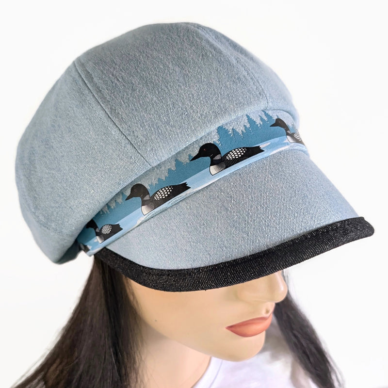 Poorboy Fashion Cap in bleached blue denim, Lake Ontario with loons theme, flattering visor, baggy fit