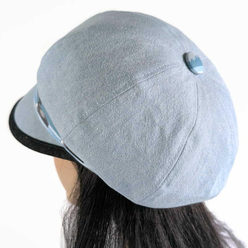 Poorboy Fashion Cap in bleached blue denim, Lake Ontario with loons theme, flattering visor, baggy fit
