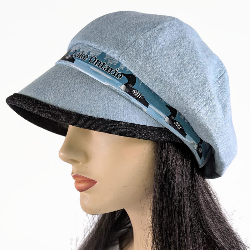 Poorboy Fashion Cap in bleached blue denim, Lake Ontario with loons theme, flattering visor, baggy fit
