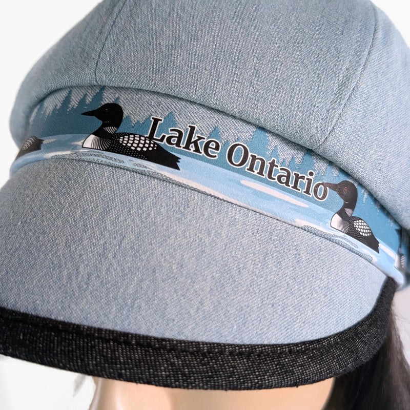 Poorboy Fashion Cap in bleached blue denim, Lake Ontario with loons theme, flattering visor, baggy fit