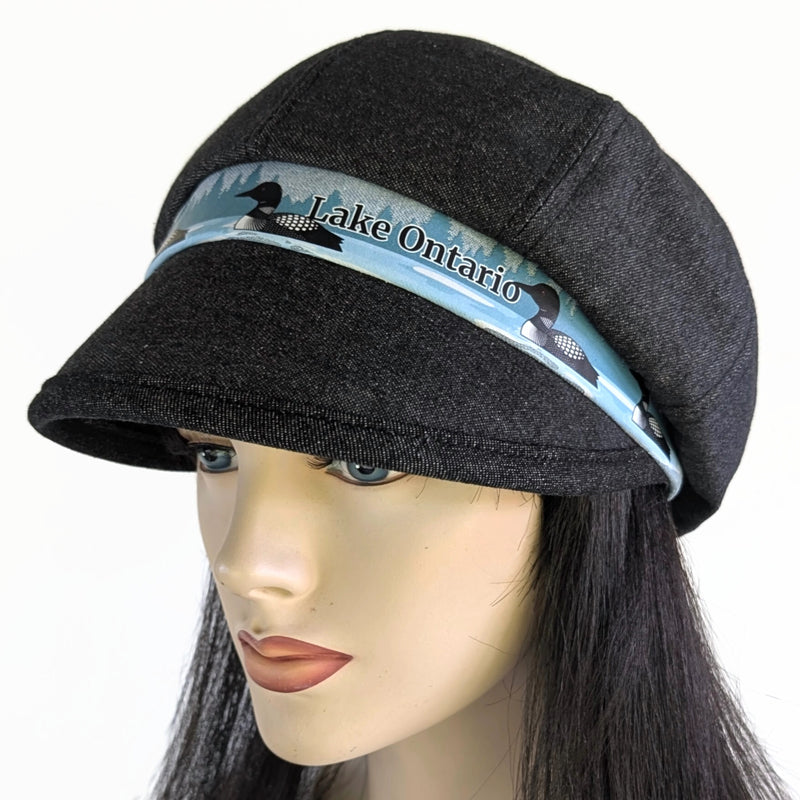 Poorboy Fashion Cap in black denim, Lake Ontario with loons theme, flattering visor, baggy fit