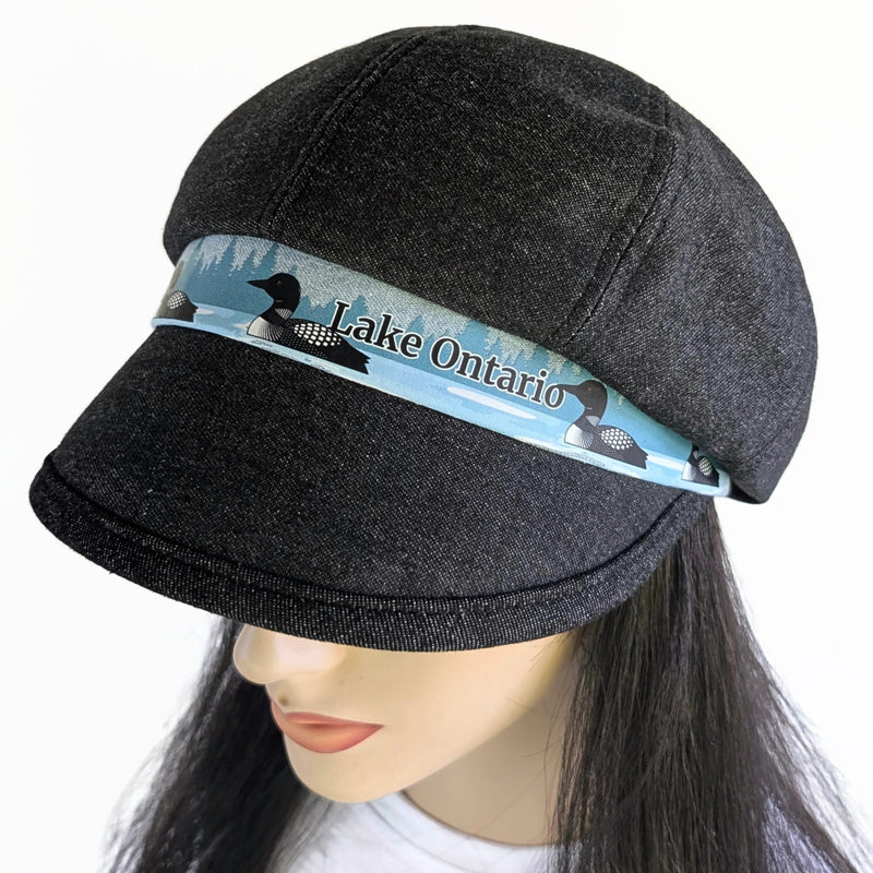 Poorboy Fashion Cap in black denim, Lake Ontario with loons theme, flattering visor, baggy fit